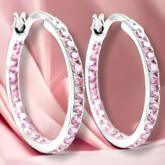 🔥PRICE DROP🔥NWT SIMULATED PINK DIAMOND HOOP EARRINGS IN STERLING SILVER - Picture 3 of 9